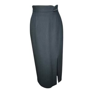 Vintage KGR Black Midi Skirt With Slit In Front Size 8 Made in USA 100% Wool Zip